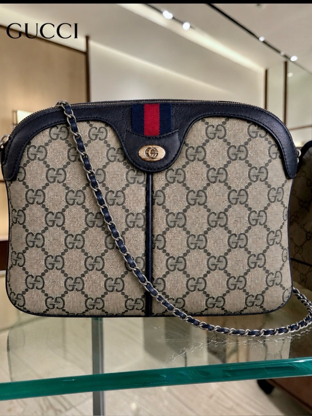 Authentic Gucci Beige GG Supreme Crossbody  Web Stripe Bag 2 straps-chain - Picture 3 of 9